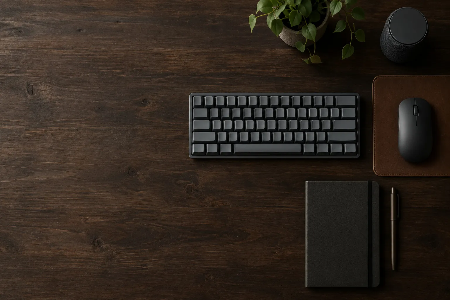 A dark wooden desk from above, with a keyboard, a mouse on a leather mat and a closed notebook