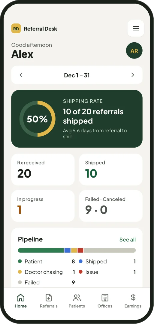 The rep app’s home screen: the month’s shipping rate, referrals received, shipped, in progress and failed, the pipeline by stage, and the patients that need the rep’s attention