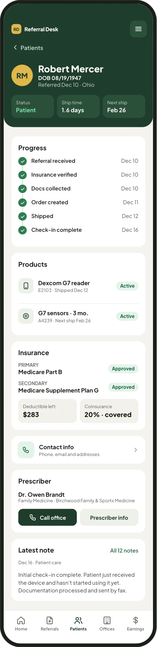 A patient’s detail screen: status, ship time and next ship date, then progress from referral received through check-in, products, insurance, contact info, prescriber and the latest note, shown at full length