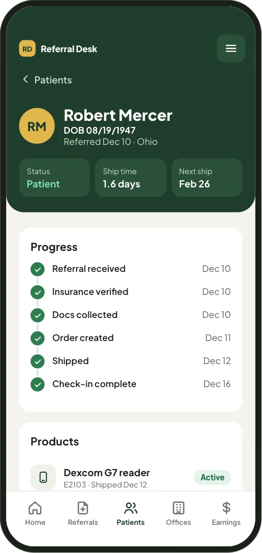 A patient’s detail screen: status, ship time and next ship date, then progress from referral received through check-in, products, insurance, contact info, prescriber and the latest note