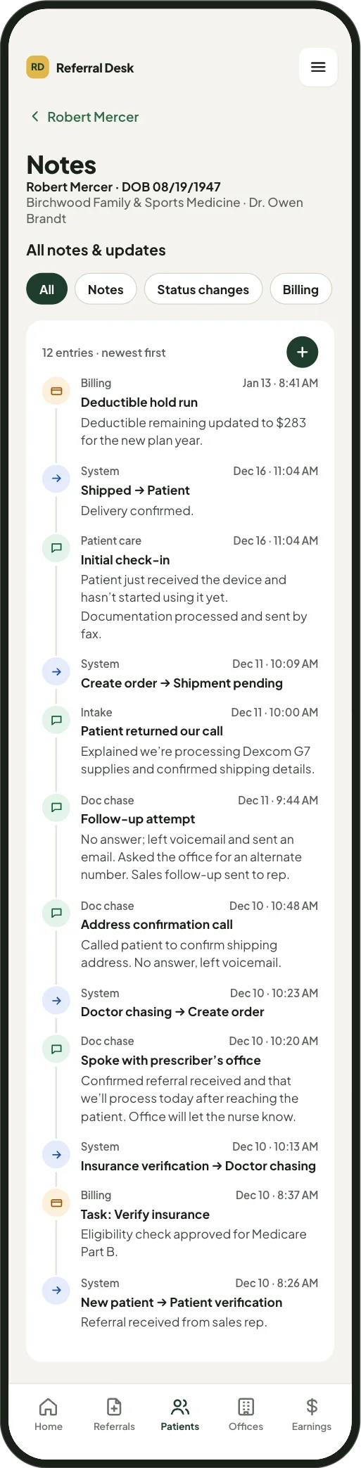 A patient’s notes screen: every entry newest first, filterable into notes, status changes and billing, each with who it came from and when, shown at full length