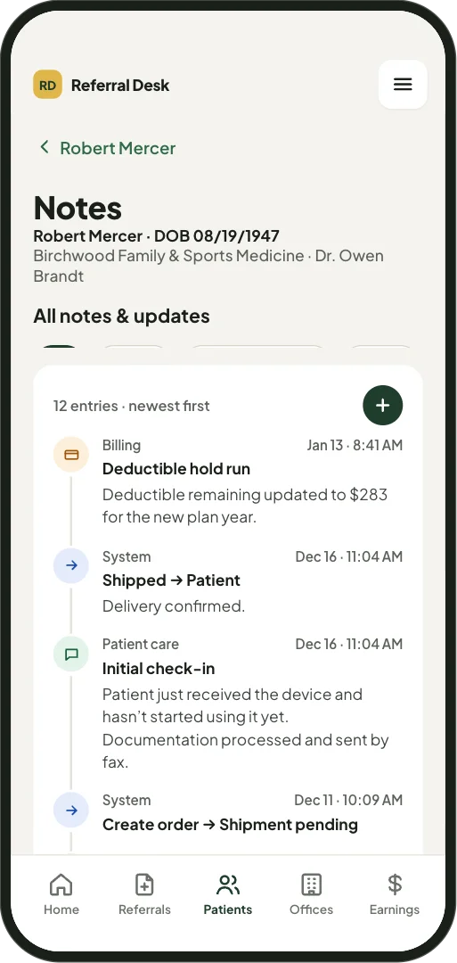 A patient’s notes screen: every entry newest first, filterable into notes, status changes and billing, each with who it came from and when