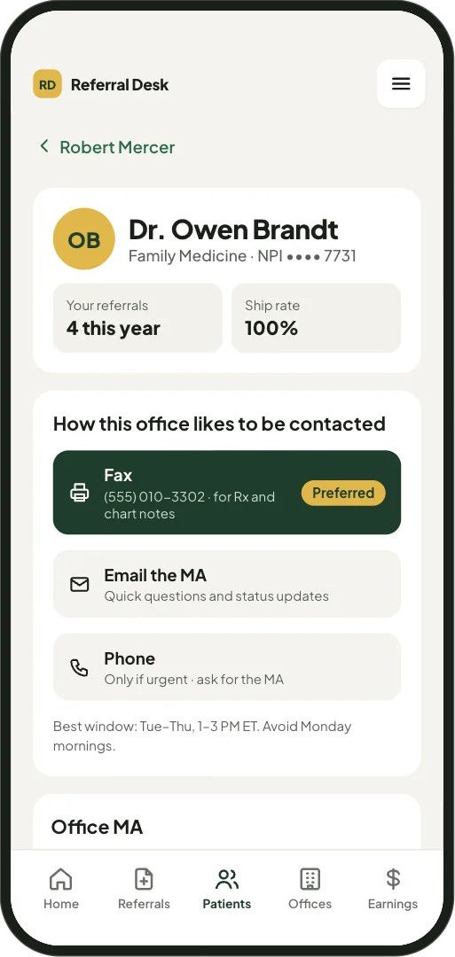 A prescriber’s screen: the rep’s referrals and ship rate with that doctor, the office’s preferred contact methods, the office MA’s details, the insurance plans the company accepts for the office, and the office’s address and hours