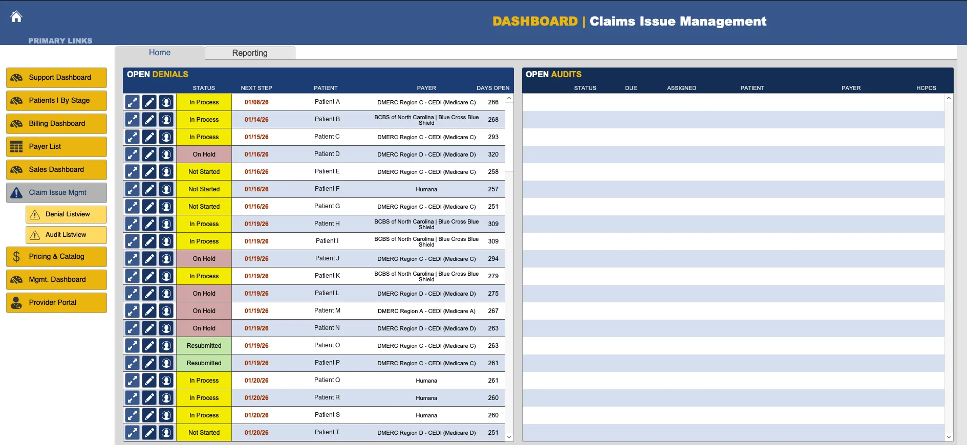 The claims issue dashboard: open denials listed with status, next step, patient, payer and days open, beside a panel of open audits