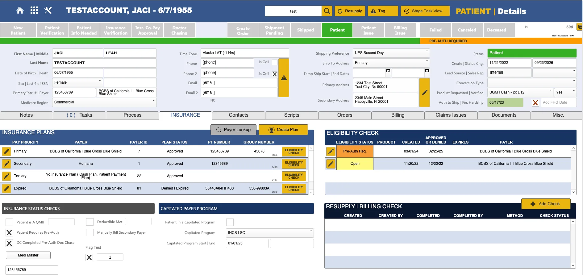 A test patient's record: the process stages across the top, from New Patient through Shipped, with insurance plans, eligibility checks and a pre-authorization flag below