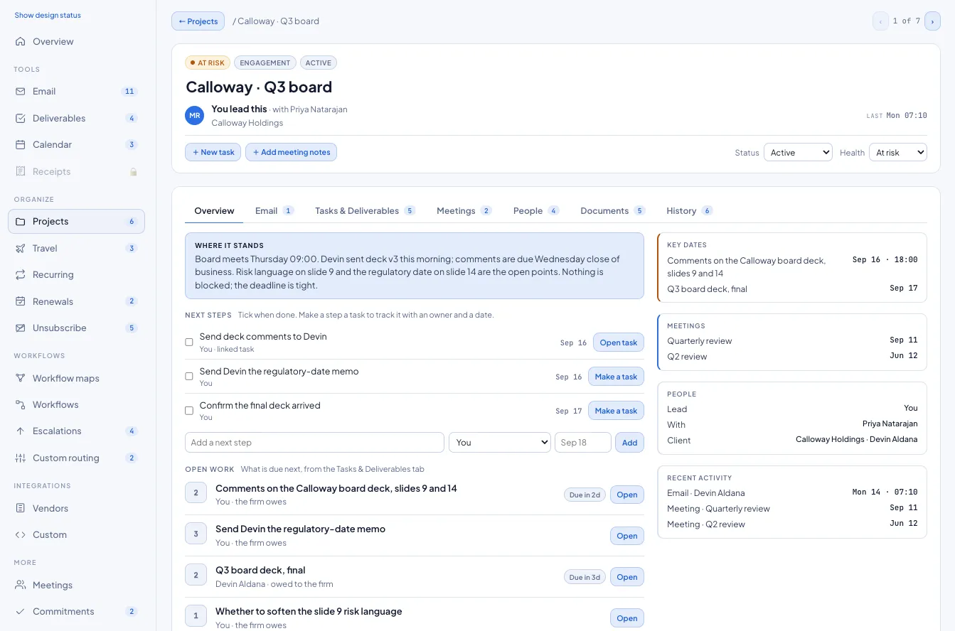 A project overview: where it stands, next steps, open work, key dates, meetings, people and recent activity for one client engagement