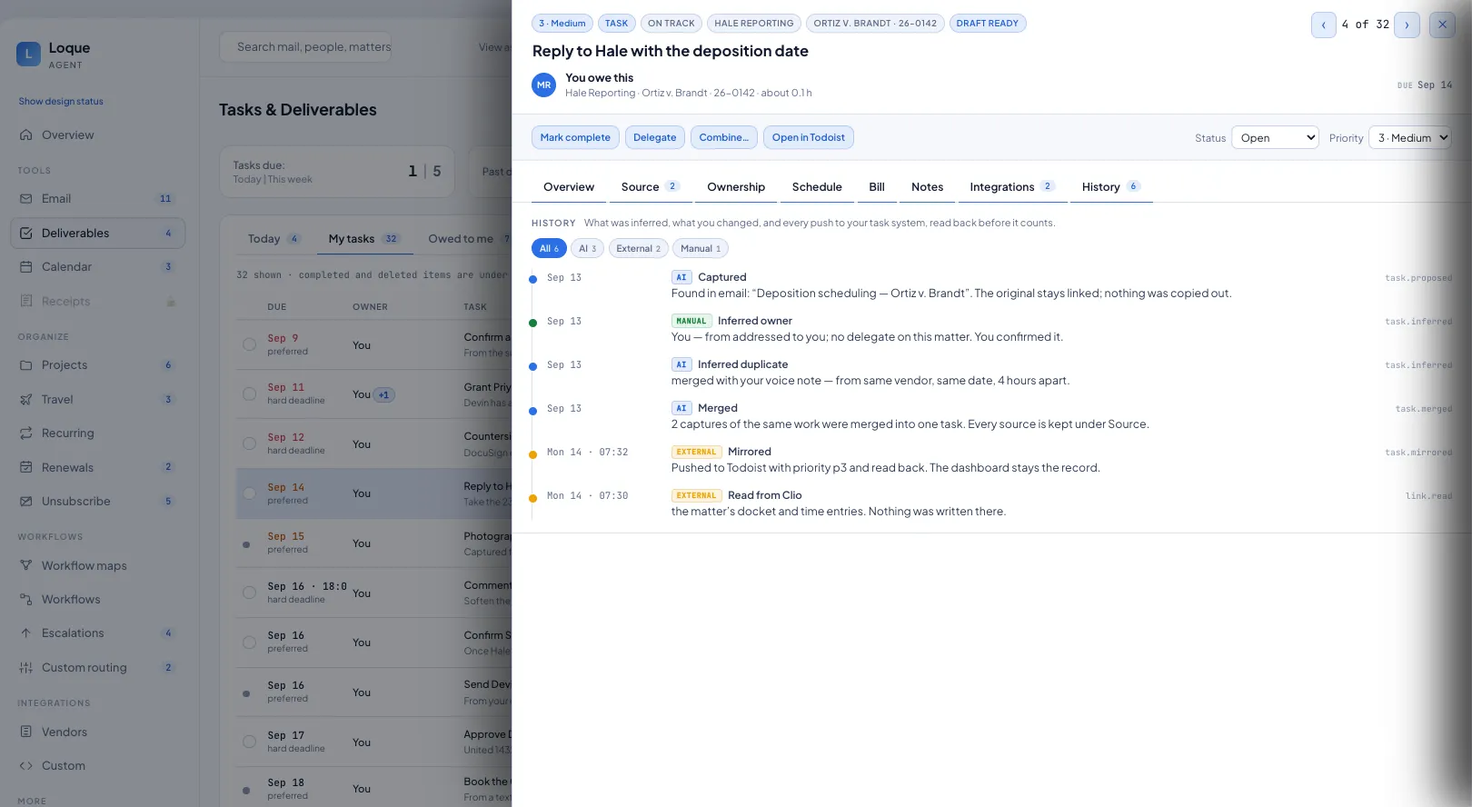 A task's history: captured from an email, owner confirmed, a duplicate merged, and the task pushed to the task system and read back